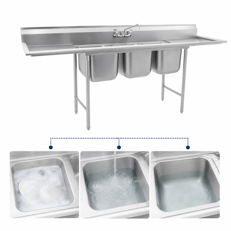 Product image #3 for Eagle Group 314 Series Three-Compartment 304 Stainless Steel Sink with Left and Right Drainboards, 102-Inch Wide