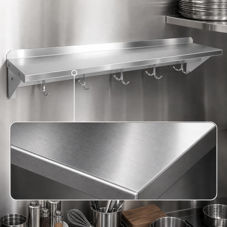 Product image #3 for John Boos Stallion 72 Inch W x 12 Inch D Wall-Mounted Stainless Steel Pot Rack Shelf with 6 Hooks
