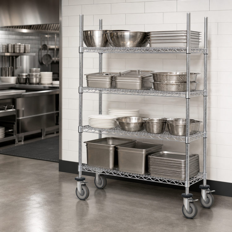 Product image #3 for Advance Tabco 4-Shelf 18 x 60 Inch Chrome Wire Mobile Cart with Rubber Casters