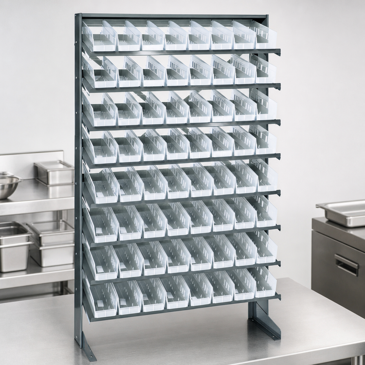Product image #3 for Quantum Sloped Single-Sided Steel Pick Rack with 8 Shelves and 64 Clear Bins, 36 x 12 x 60 Inches