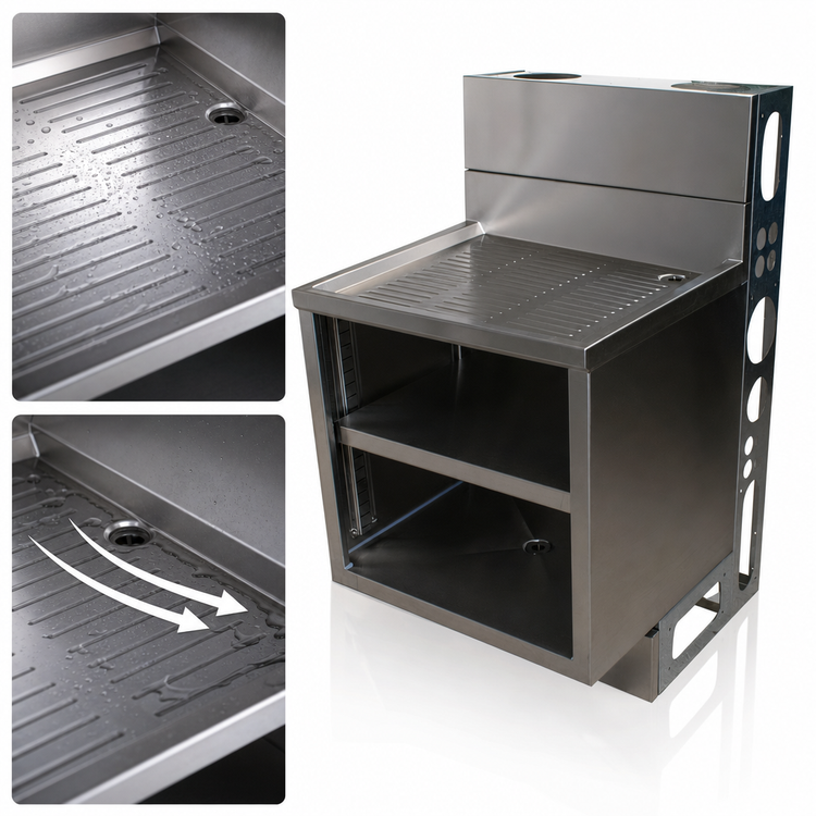 Product image #4 for BK Resources 48-Inch Underbar Glass Rack Cabinet with Drainboard Top, Open Front Base, Adjustable Shelf, and 3-Inch Backsplash