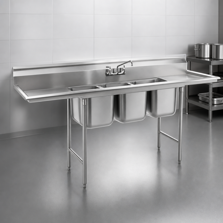 Product image #3 for Eagle Group 314 Series Three-Compartment Floor Model 304 Stainless Steel Sink with 9-1/2" Backsplash