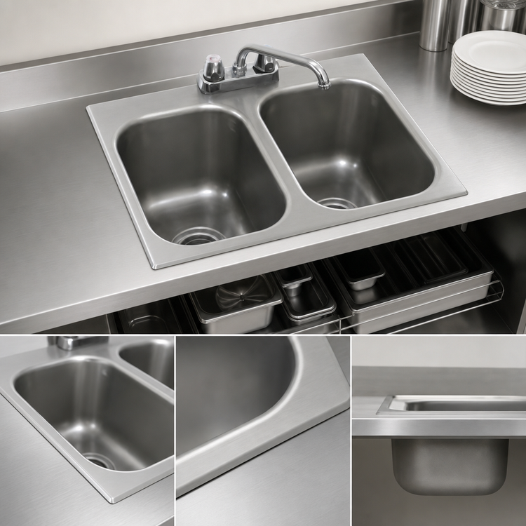 Product image #3 for Eagle Group Two-Compartment Self-Rimming Drop-In Stainless Steel Sink with 16 x 20 x 8-Inch Bowls, Faucet, and Basket Drains