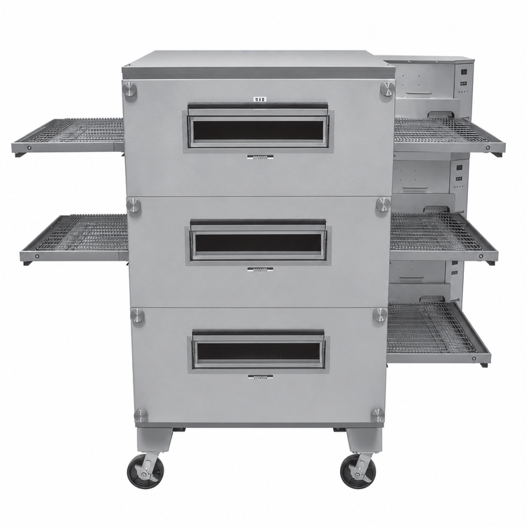 Product image #3 for Lincoln Impinger 3200 Series Triple-Deck LP Gas Conveyor Pizza Oven Package, 40-Inch Baking Chamber, Low Stand and Casters