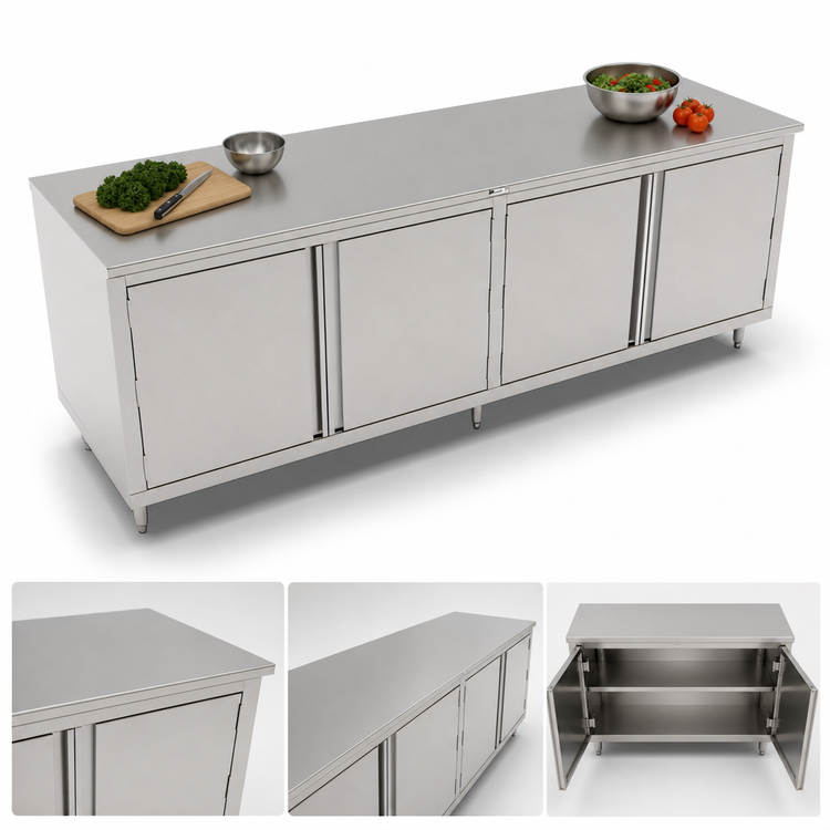 Product image #3 for John Boos 108-Inch x 24-Inch Stainless Steel Cabinet Base Work Table with 2 Sets of Hinged Doors