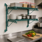 Thumbnail image #3 for Quantum WC34-CB2148P Wall-Mounted Cantilever Wire Shelving Unit, 2 Shelves, 48"W x 21"D, Green Epoxy