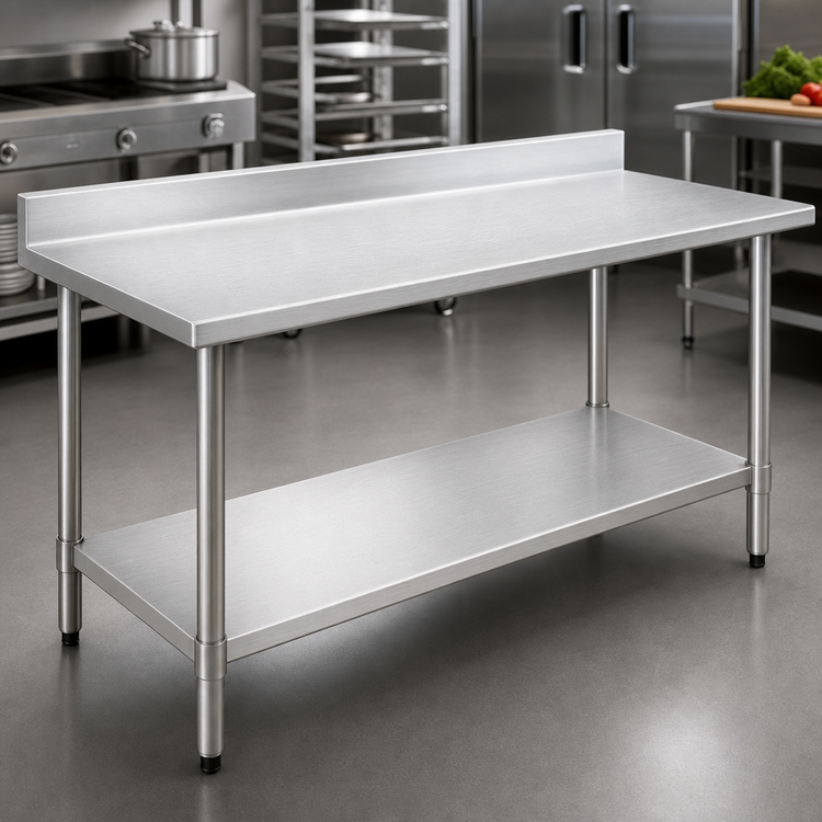 Product image #3 for Deluxe Series Stainless Steel Work Table, 48W x 24D, 4-1/2 Inch Backsplash, Open Base with Undershelf