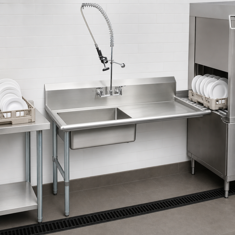 Product image #3 for BK Resources 48-Inch Straight Soiled Dish Table with Left-Side Sink, Pre-Rinse Faucet, and Galvanized Legs