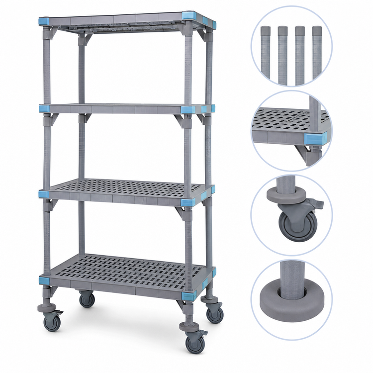 Product image #3 for Quantum Millenia Mobile Polymer Shelving Starter Unit with 4 Open Grid Shelves, 48 W x 18 D x 86 H, Gray