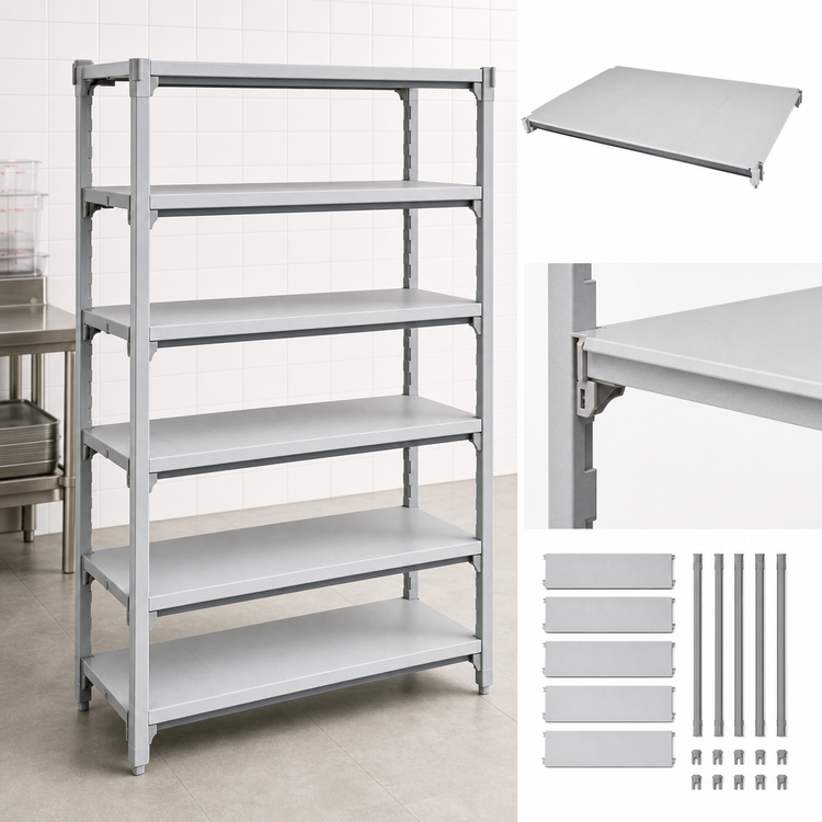 Product image #3 for Cambro Camshelving Elements XTRA Universal Solid Shelf Kit, 18-Inch x 48-Inch, 5-Shelf, Speckled Gray