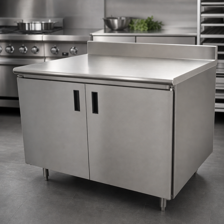 Product image #3 for Advance Tabco Special Value Series 108-Inch x 24-Inch Enclosed Stainless Steel Work Table with Cabinet Base, Hinged Doors, and 5-Inch Backsplash