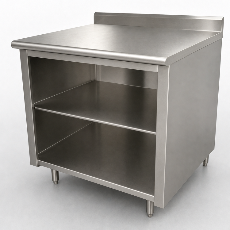 Product image #3 for Advance Tabco 108-Inch x 36-Inch Stainless Steel Work Table with Open Front Cabinet Base, Mid-Shelf, and 5-Inch Backsplash