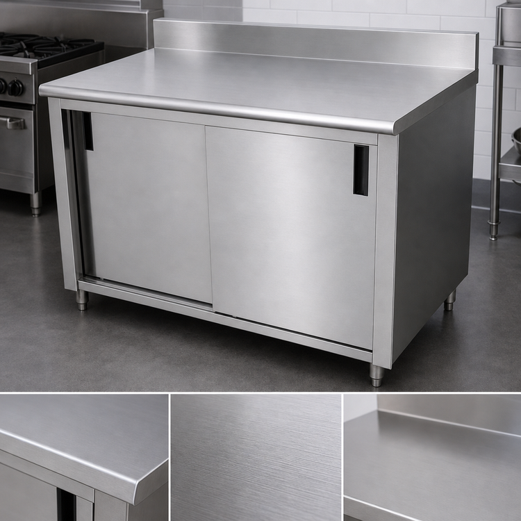 Product image #3 for Advance Tabco Special Value Series Enclosed Work Table with Cabinet Base, Sliding Doors, Mid-Shelf, 16-Gauge 304 Stainless Steel Top, and 5-Inch Backsplash, 48 x 30 Inches