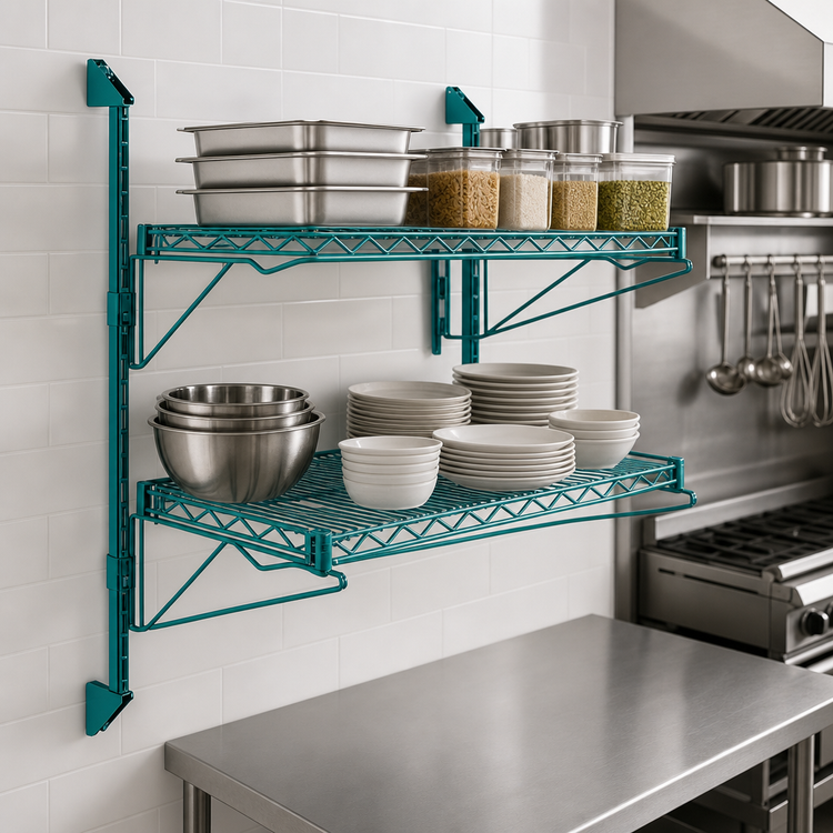 Product image #3 for Quantum Wall-Mount Cantilever Double Shelf Wire Shelving Unit, 2 x 36 x 12 Inch Shelves, Green Epoxy Antimicrobial Finish