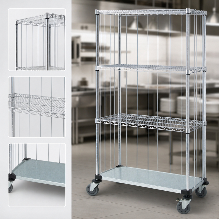 Product image #3 for Quantum 36 Inch x 18 Inch x 80 Inch Mobile Enclosure Wire Shelving Cart, 4-Shelf, Chrome Finish