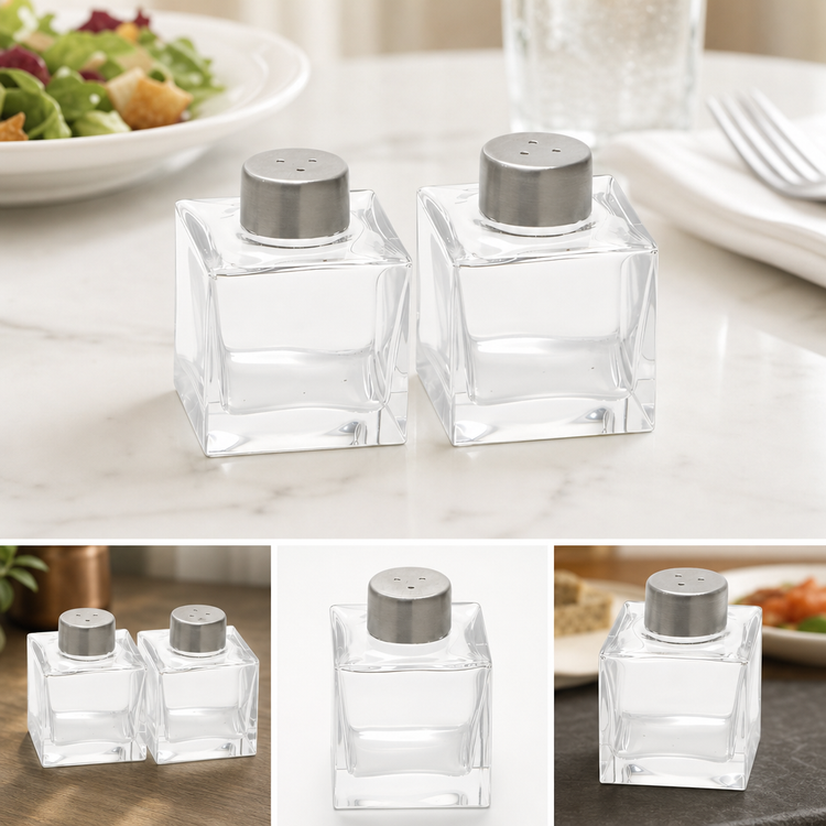 Product image #3 for Vintage Square Glass Salt & Pepper Shaker Set with Stainless Steel Tops, 2 Oz.