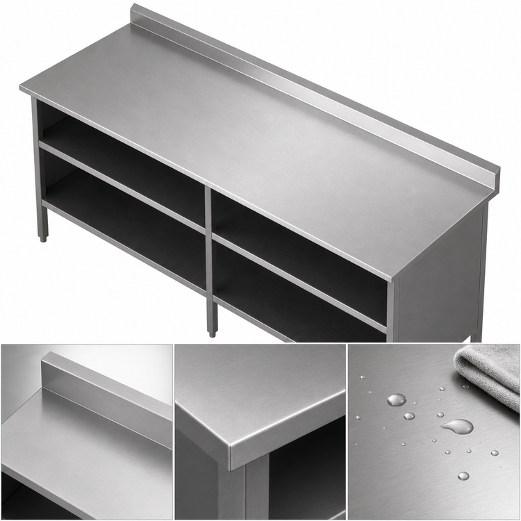 Product image #3 for John Boos Open-Front Enclosed Base Work Table, 108W x 30D, 16-Gauge 300-Series Stainless Steel Top, 5-Inch Backsplash