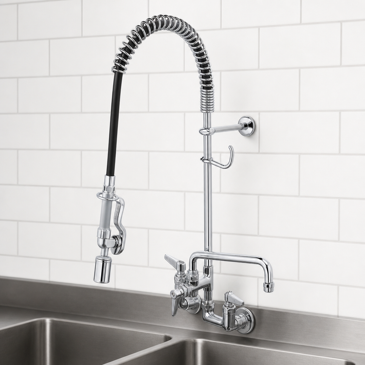 Product image #3 for T&S Brass EasyInstall 8 Inch Wall-Mount Pre-Rinse Unit with Add-On Faucet, 44 Inch Hose and 12 Inch Swing Nozzle