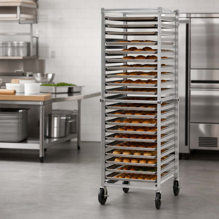 Product image #3 for New Age Full-Height Knock-Down Aluminum Bun Pan Rack with Open Sides, End Loading, 30-Pan Capacity, and 5-Inch Swivel Casters