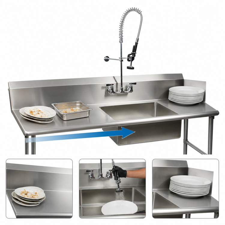 Product image #3 for BK Resources 60-Inch Straight Soiled Dish Table with Left-to-Right Operation, Pre-Rinse Sink, and Faucet