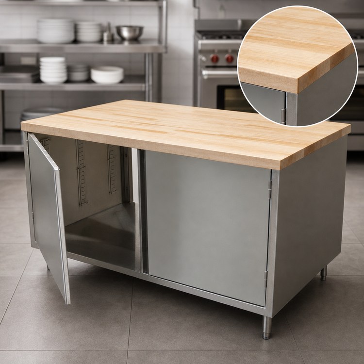 Product image #3 for BK Resources Dual-Access Hard Maple Chef Table with Stainless Steel Cabinet Base, 60W x 36D x 34-3/4H