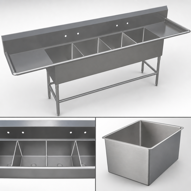 Product image #3 for John Boos Pro-Bowl Commercial 4-Compartment Sink with Left and Right Drainboards, 14-Gauge Stainless Steel, 111-1/4 Inch Wide