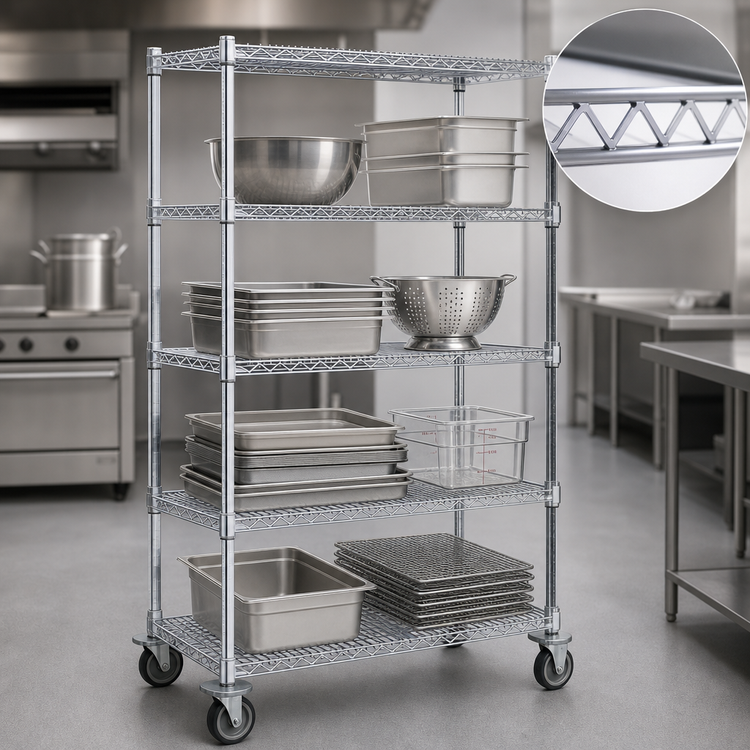 Product image #3 for Eagle Group 4-Tier Chrome Wire Dolly Truck with 48"W x 21"D Shelves, 69" High