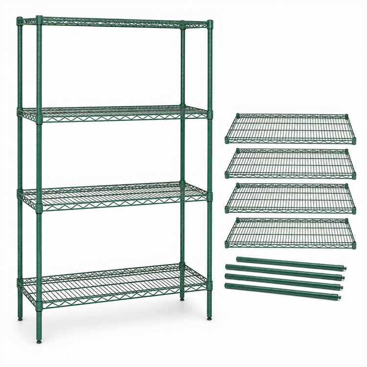 Product image #3 for Quantum Stationary Wire Shelving Starter Kit, 60"W x 30"D x 74"H, 4 Shelves, Green Epoxy Finish