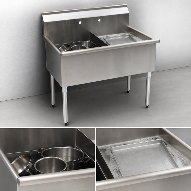 Product image #3 for Eagle Group Two-Compartment Utility Sink with Legs, 61-3/8 Inch W x 28 Inch D, 304 Stainless Steel, 30 x 24 x 13-3/8 Inch Bowls, No Drainboards