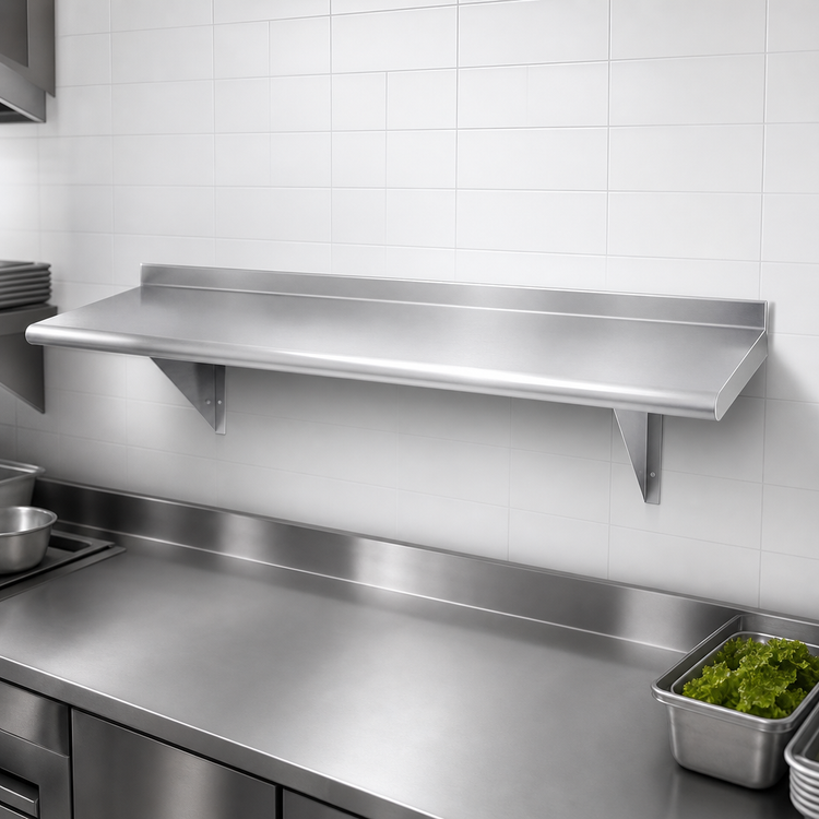 Product image #3 for Advance Tabco 132-Inch x 18-Inch Wall-Mounted 18-Gauge 430 Stainless Steel Shelf with Bullnose Front Edge