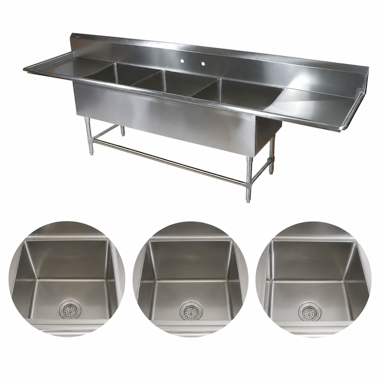 Product image #3 for John Boos Pro-Bowl 3-Compartment Sink with Dual 30-Inch Drainboards, 18 x 24 x 14-Inch Bowls, 14-Gauge Stainless Steel