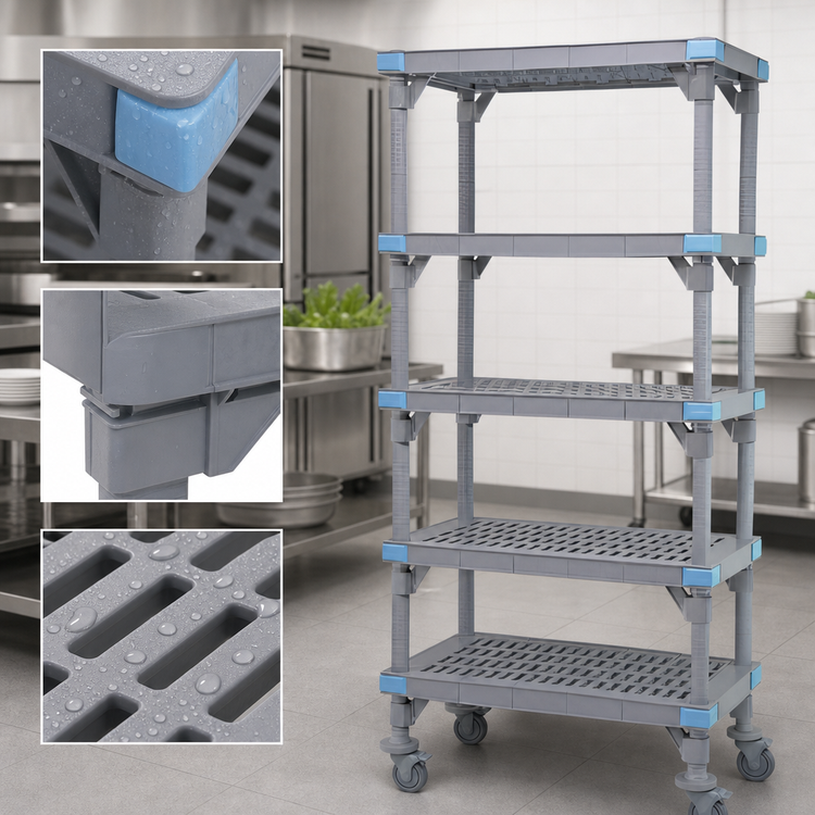 Product image #3 for Quantum Millenia Mobile Polymer Shelving Starter Unit with 5 Open Grid Shelves, 48W x 21D x 62H, Gray