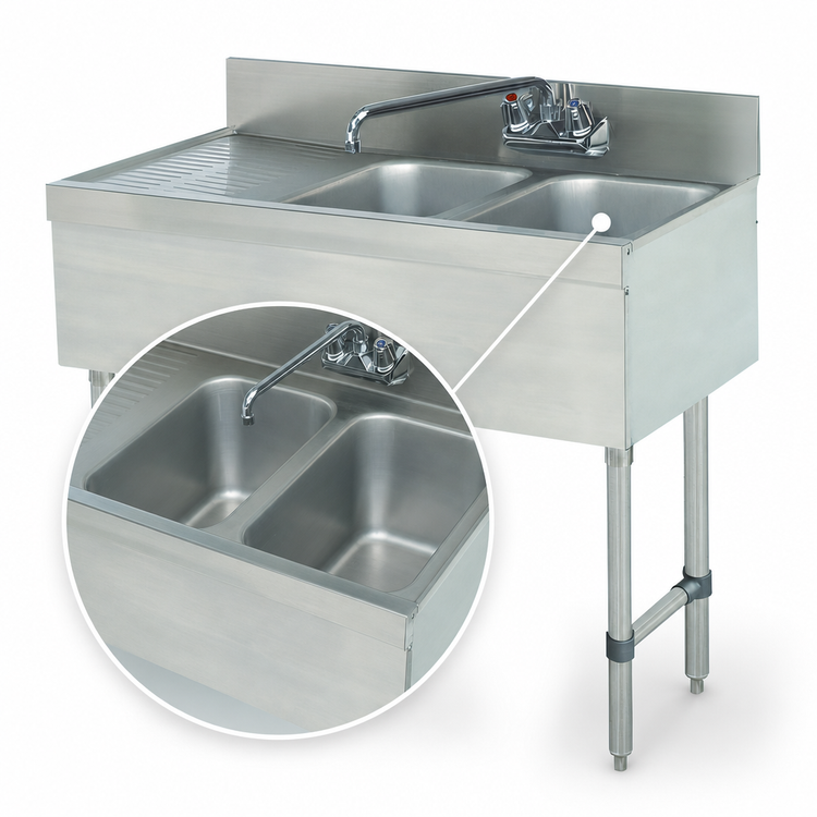 Product image #3 for Advance Tabco Special Value Series 48-Inch 2-Compartment Stainless Steel Bar Sink with Left Drainboard and 6-Inch Splash-Mounted Faucet