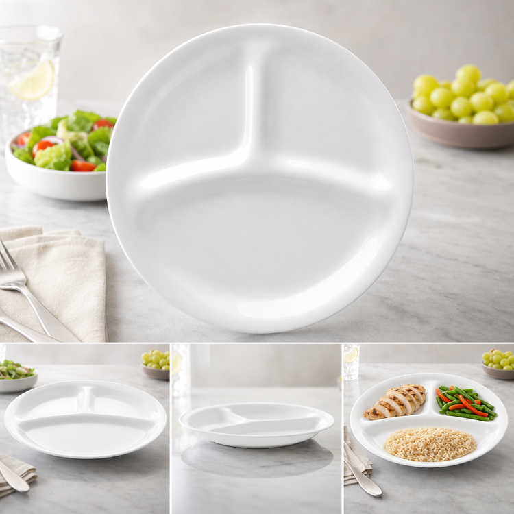 Product image #3 for Corelle Essentials Divided Round Vitrelle Glass Dinner Plate, 8-1/2 Inch, White, Case of 24