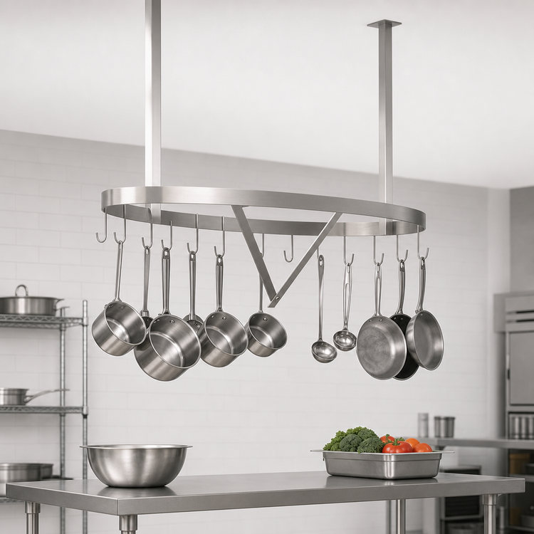 Product image #3 for John Boos Boat-Shaped Ceiling-Mounted Stainless Steel Pot Rack for 60-Inch Tables with 15 Double Hooks