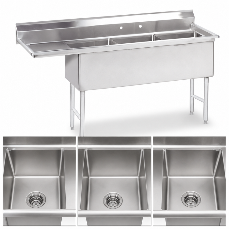 Product image #3 for Advance Tabco 3-Compartment Fabricated Sink with Left Drainboard, 30 x 24 x 14-Inch Bowls, 129-Inch Overall Length