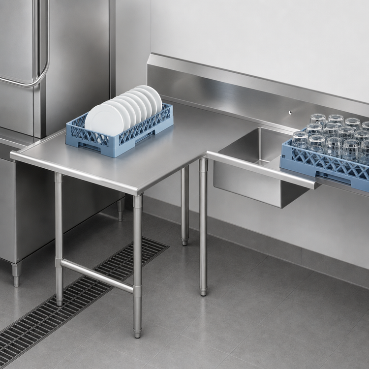 Product image #3 for John Boos Pro-Bowl L-Shaped Soiled Landing Dishtable with 20" x 20" x 8" Sink Bowl, Left-to-Right, 70" Machine-to-Corner, 60" Corner-to-End