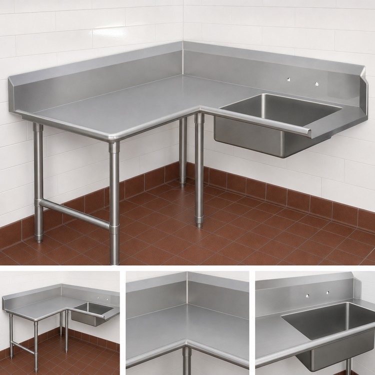 Product image #3 for John Boos Pro-Bowl L-Shaped Corner Soiled Dishtable with 20" x 20" x 8" Pre-Rinse Sink Bowl, Left-to-Right, 60" x 96"