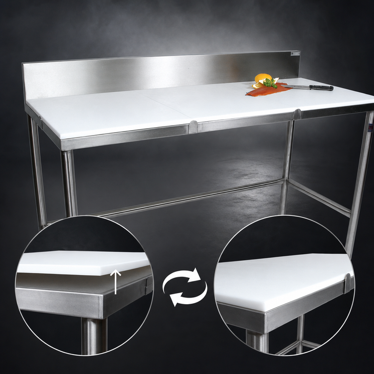 Product image #3 for John Boos 120-Inch x 30-Inch Reversible Poly Top Trimming Table with 6-Inch Removable Backsplash and Stainless Steel Legs
