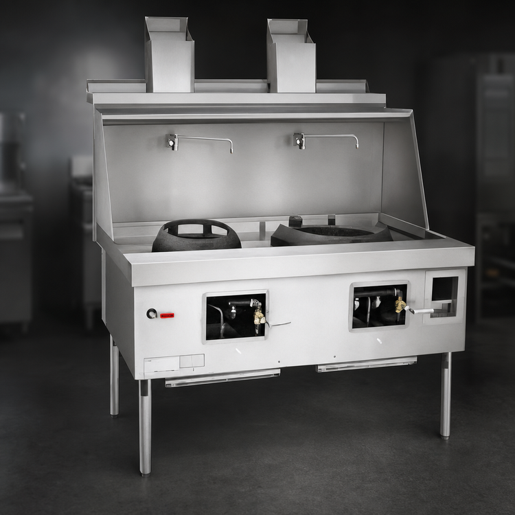 Product image #3 for York 60-Inch Gas Wok Range with 2-Chamber Cooking, Water-Cooled Top, and Chinese Swing Faucets