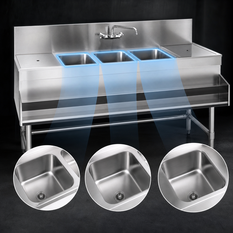 Product image #3 for Spec-Bar Three-Compartment Underbar Sink Unit with Dual Drainboards, 60 x 19 x 37 Inches