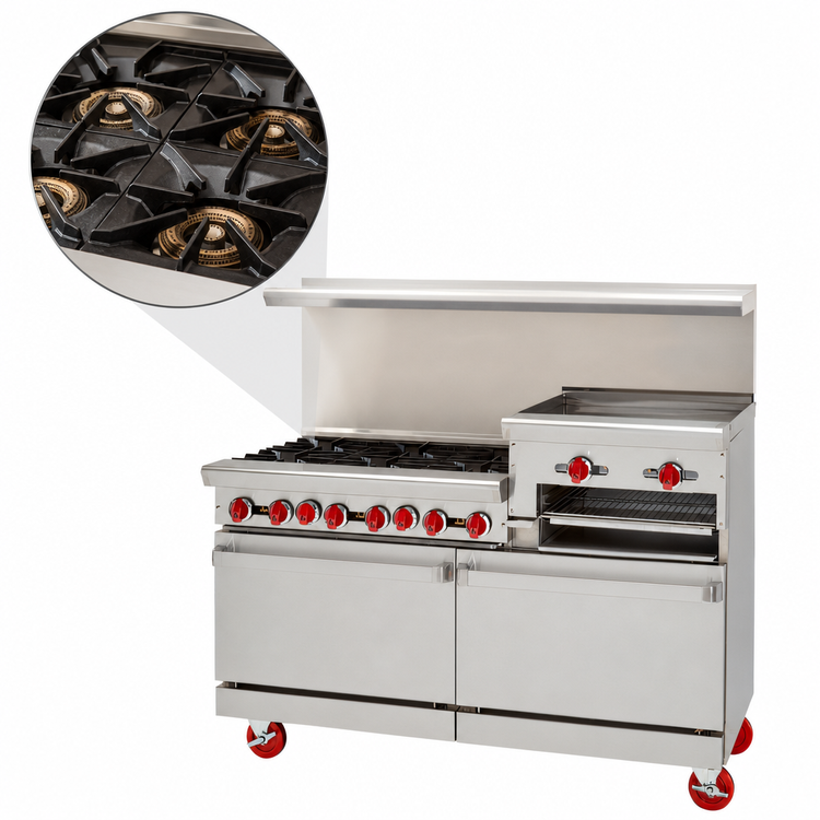 Product image #3 for American Range 48-Inch Gas Restaurant Range with 4 Open Burners, 24-Inch Raised Griddle/Broiler, Convection Oven and Storage Base