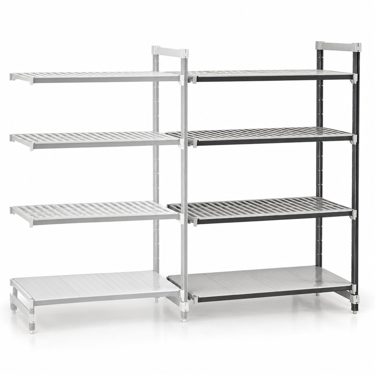 Product image #3 for Cambro Camshelving Elements XTRA Stationary Add-On Polymer Shelving Unit, 21" W x 72" L x 84" H, 4-Tier, Vented/Solid, Speckled Gray