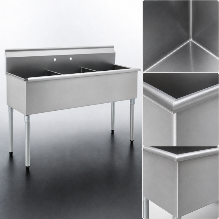 Product image #3 for Eagle Group Square Corner Three-Compartment Utility Sink, 73-3/8" x 28", 16-Gauge 304 Stainless Steel, No Drainboards