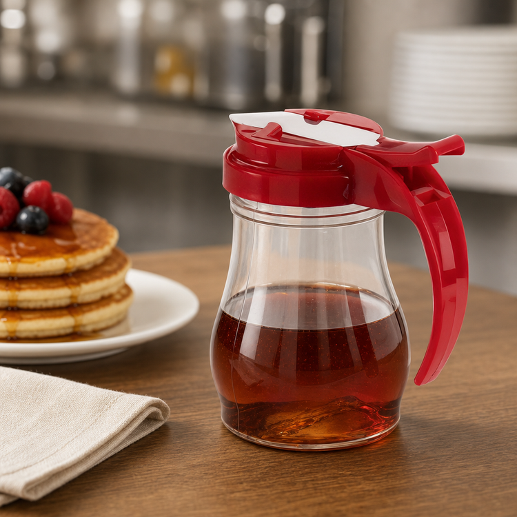Product image #3 for Vollrath Dripcut® 7 oz Clear Polycarbonate Syrup Server with Red Plastic Top