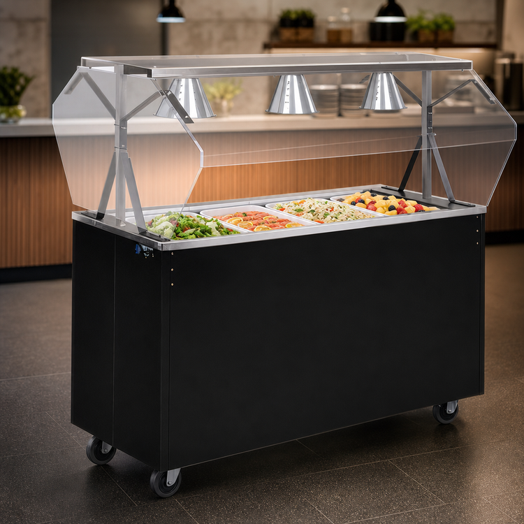 Product image #3 for Vollrath 2-Series Affordable Portable 4-Pan Non-Refrigerated Cold Food Station with Buffet Breath Guard, Lights, and Sliding Door Storage Base, 60 Inch, Black