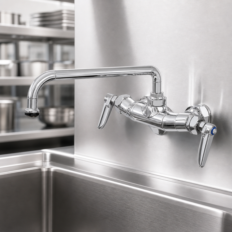 Product image #3 for T&S Brass Wall-Mount Double Pantry Mixing Faucet with 12-Inch Swing Nozzle and Cerama Cartridges
