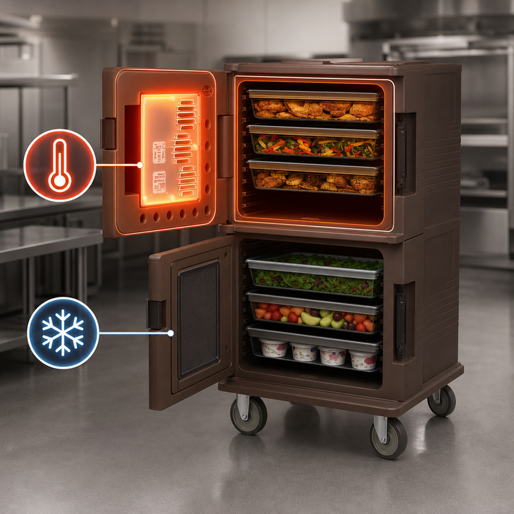 Product image #4 for Cambro Ultra Camcart 2-Compartment Front-Loading Heated Food Pan Carrier, Top Door Heated Only, Heavy-Duty Casters, Dark Brown, 110V