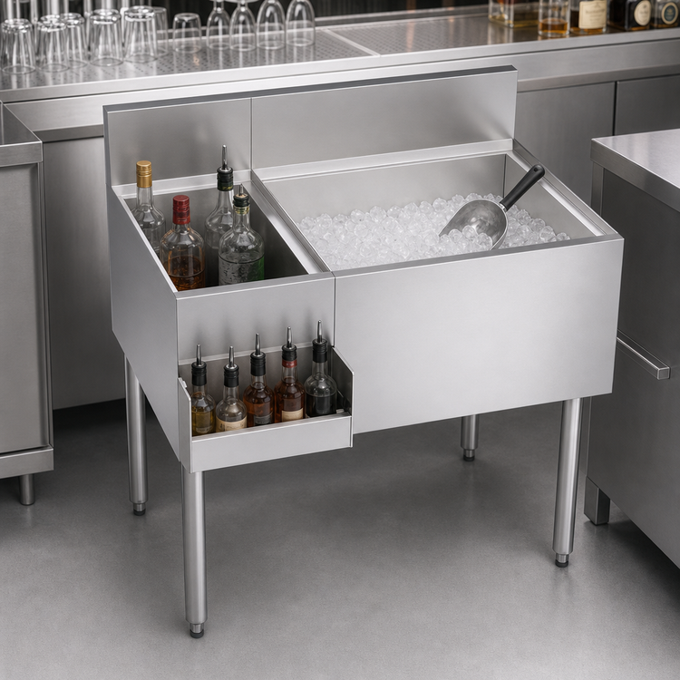 Product image #3 for Krowne Royal Series Underbar Multi-Station Bar Ice Bin with Bottle Well, Right Ice Bin, Left Bottle Storage, and 10-Circuit Cold Plate, 36 Inch Wide