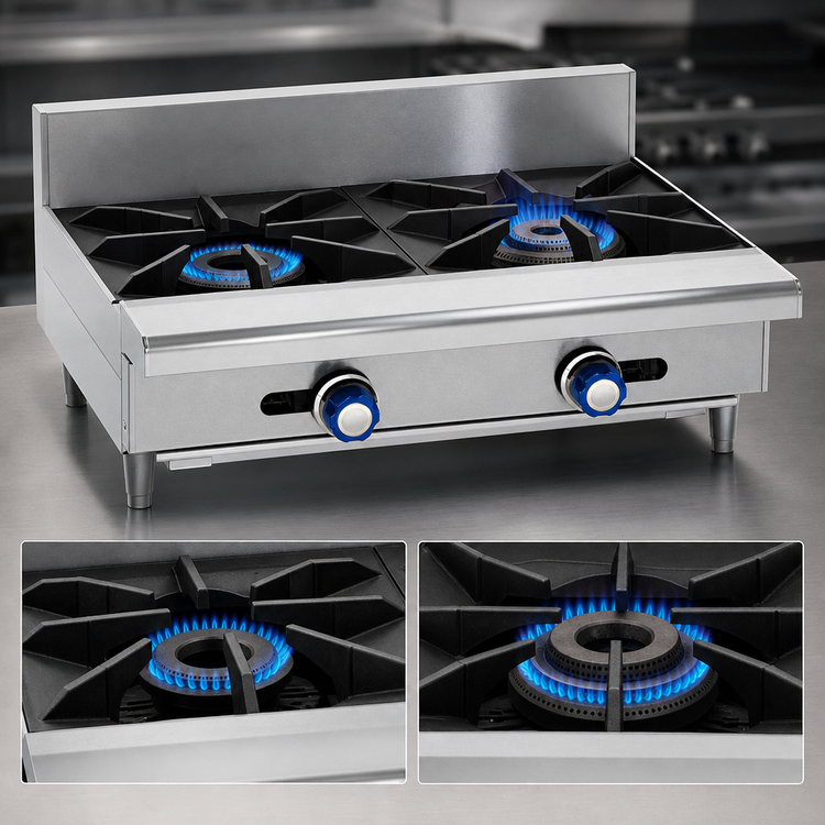 Product image #3 for Imperial 12-Inch Gas Countertop Hotplate with 1 Open Burner and 1 Step-Up Burner, 64,000 BTU